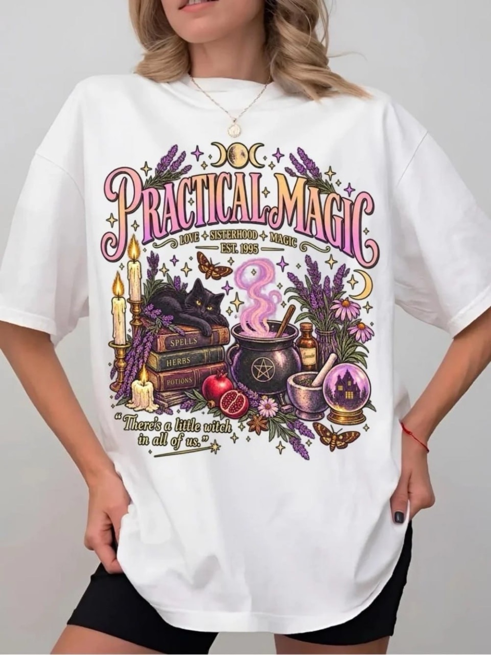 White Practical Magic Graphic Tee with Pink & Purple Accents